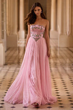 Strapless Sweetheart 3D Floral Appliqué Lace Lined Tulle A Line Chapel Train Prom Dresses