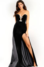 Strapless Sweetheart Crystal Embellished Cutout High Slit Velvet Taffeta Mermaid Cathedral Train Prom Dresses