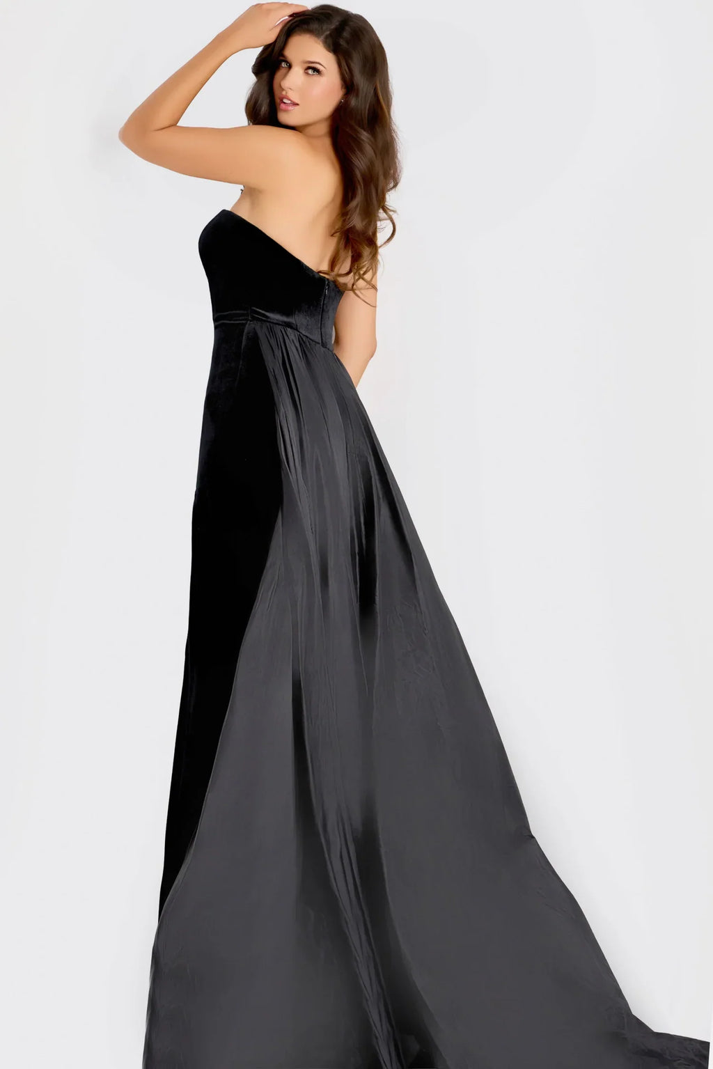 Strapless Sweetheart Crystal Embellished Cutout High Slit Velvet Taffeta Mermaid Cathedral Train Prom Dresses