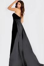 Strapless Sweetheart Crystal Embellished Cutout High Slit Velvet Taffeta Mermaid Cathedral Train Prom Dresses