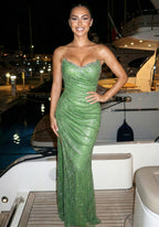 Strapless Sweetheart Emerald Beaded Mermaid Evening Dresses with Ruched Waist and Front Slit