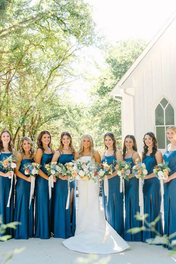 Straps Satin Split Blue Long Bridesmaid Dress with Bow
