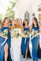 Straps Satin Split Blue Long Bridesmaid Dress with Bow