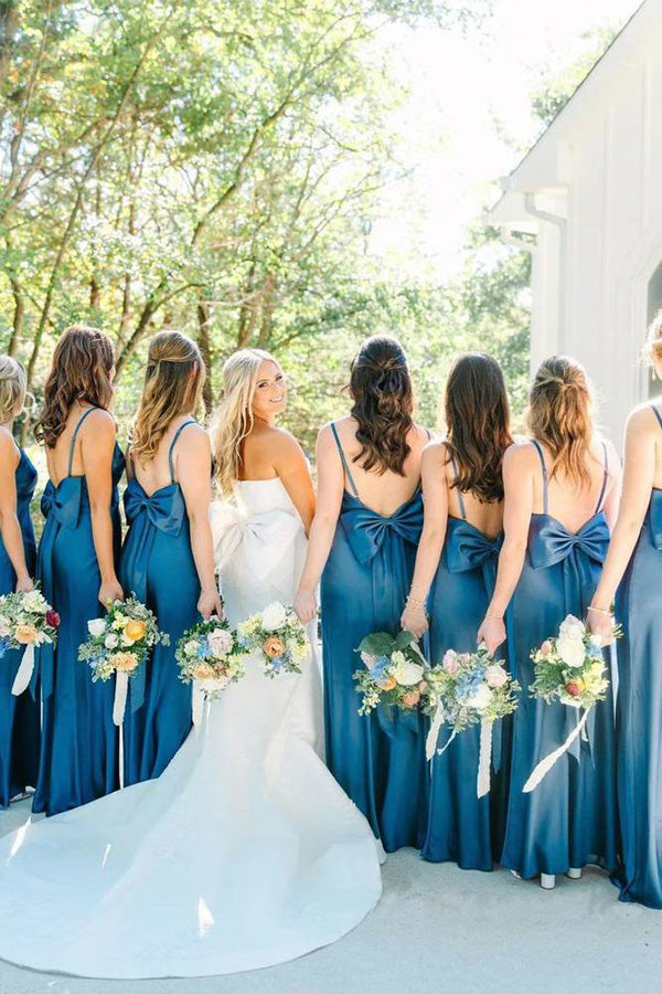 Straps Satin Split Blue Long Bridesmaid Dress with Bow
