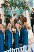 Straps Satin Split Blue Long Bridesmaid Dress with Bow