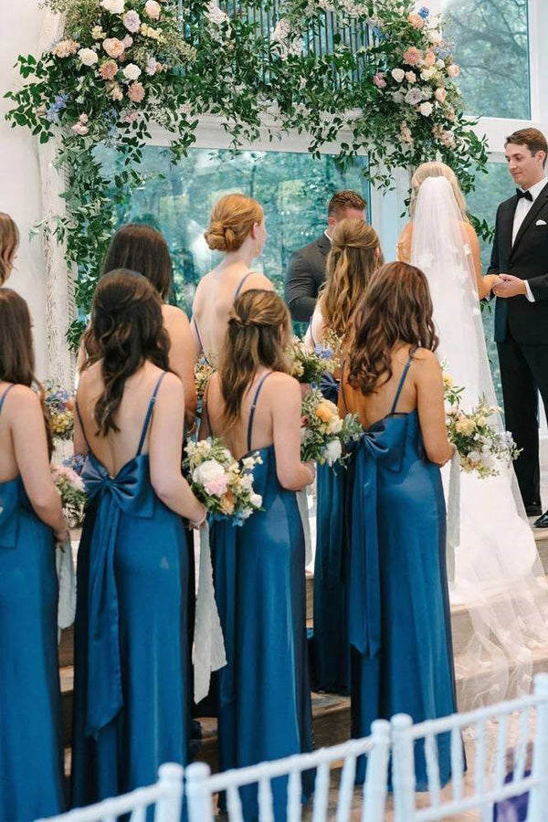 Straps Satin Split Blue Long Bridesmaid Dress with Bow