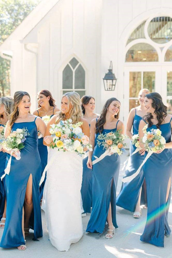 Straps Satin Split Blue Long Bridesmaid Dress with Bow