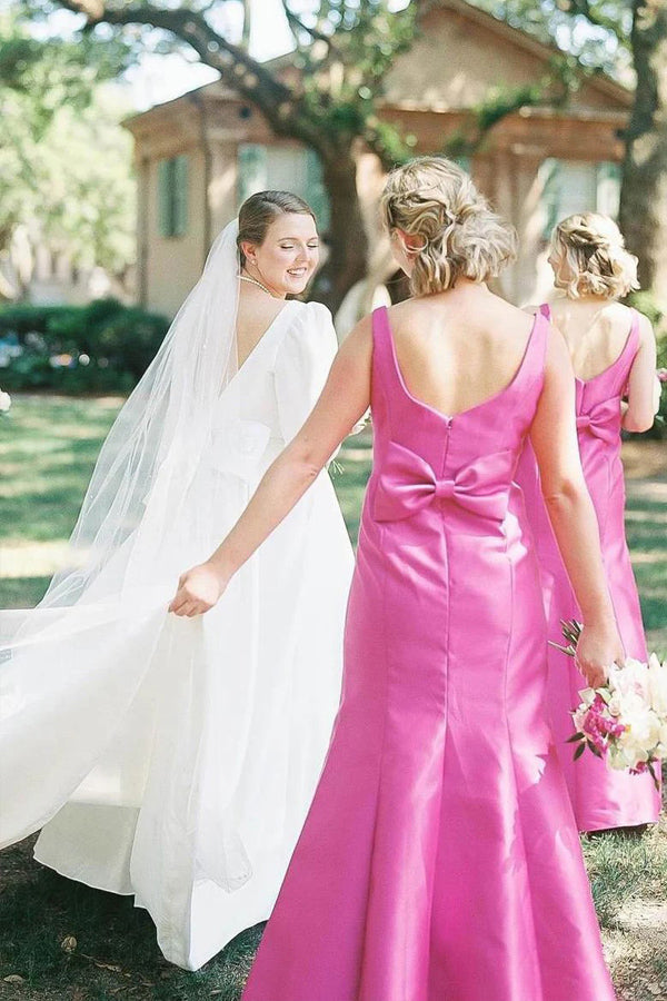 Straps Sleeveless Mermaid Bow Pink Long Bridesmaid Dress