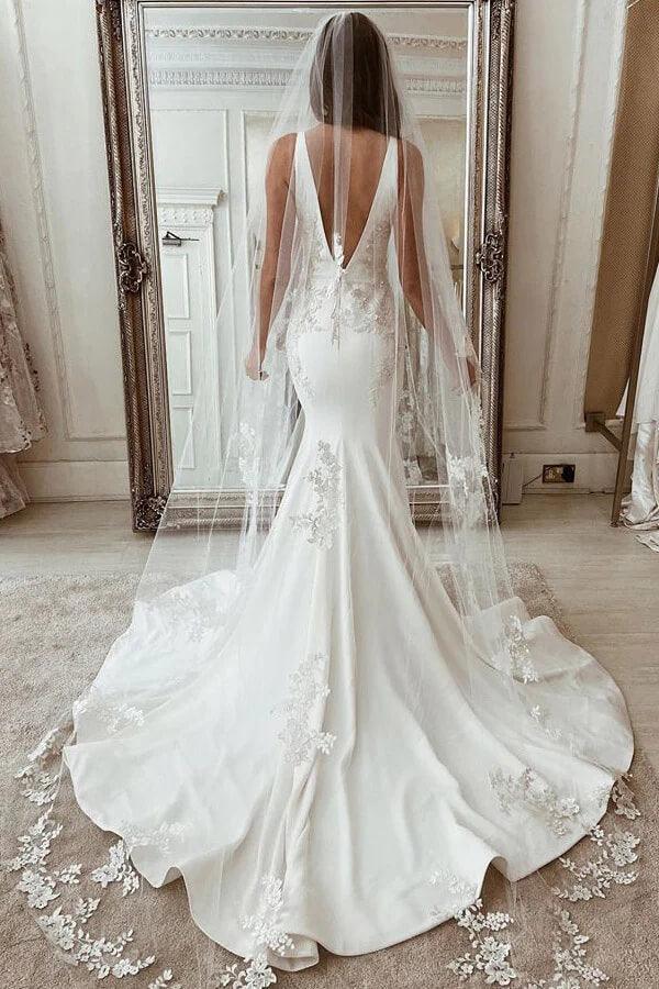 NumberSea Stretch Satin Mermaid Deep V-neck Wedding Dress With Lace Appliques, MW934