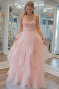 Stunning Light Pink Tulle A-line Strapless Prom Dress Evening Dresses
