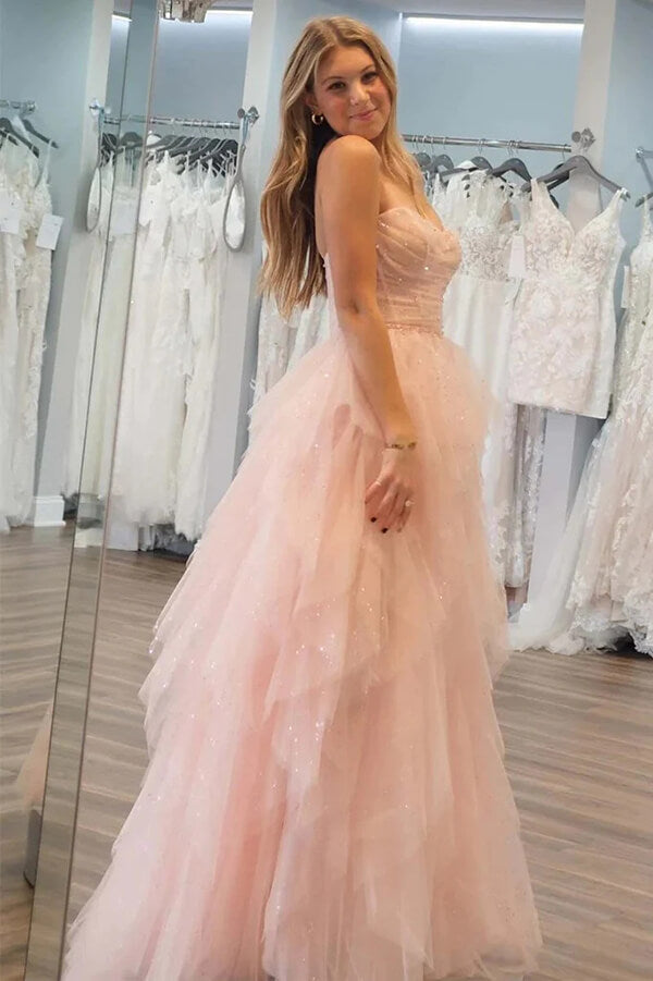 Stunning Light Pink Tulle A-line Strapless Prom Dress Evening Dresses