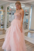 Stunning Light Pink Tulle A-line Strapless Prom Dress Evening Dresses