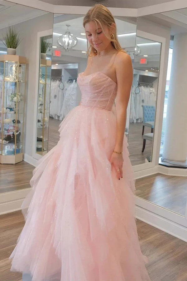 Stunning Light Pink Tulle A-line Strapless Prom Dress Evening Dresses