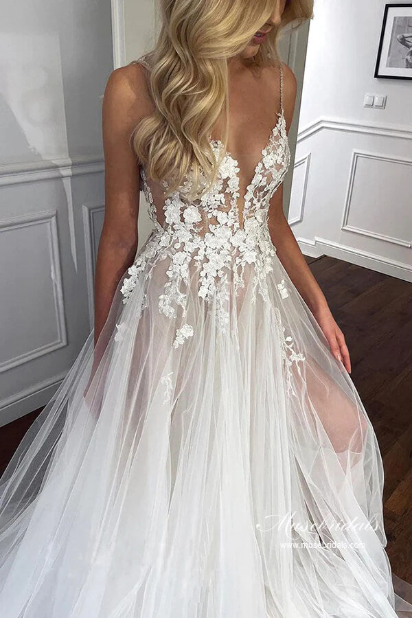 Stunning Tulle Lace See Through Sweetheart Boho Wedding Dresses