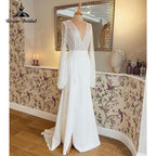 Sukienka Vintage Lace Bodice Satin Wedding Dress with V Neck Open Back Long Puff Split Side Wedding Gowns Vestido Novia