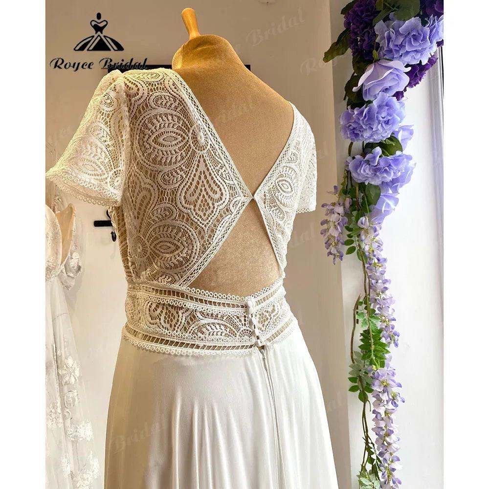 Summer Beach Boho Bohemian Lace Bodice Chiffon Cap Sleeve Wedding Dress for Bride V Neck Backless Wedding Gown for Women