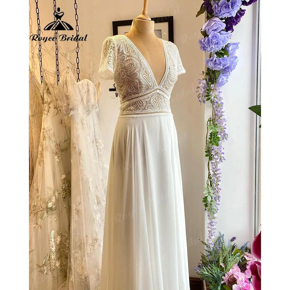 Summer Beach Boho Bohemian Lace Bodice Chiffon Cap Sleeve Wedding Dress for Bride V Neck Backless Wedding Gown for Women