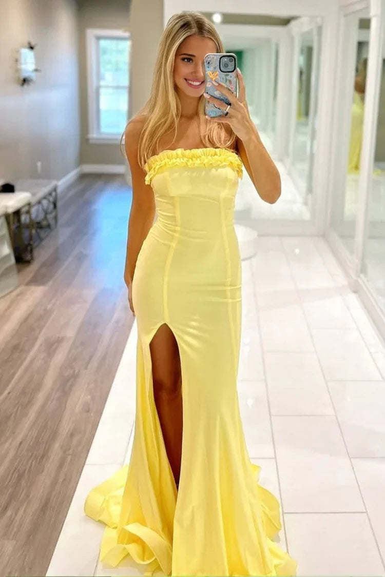 Sunshine  Strapless Ruffle Lace Up Back Satin Prom Dresses