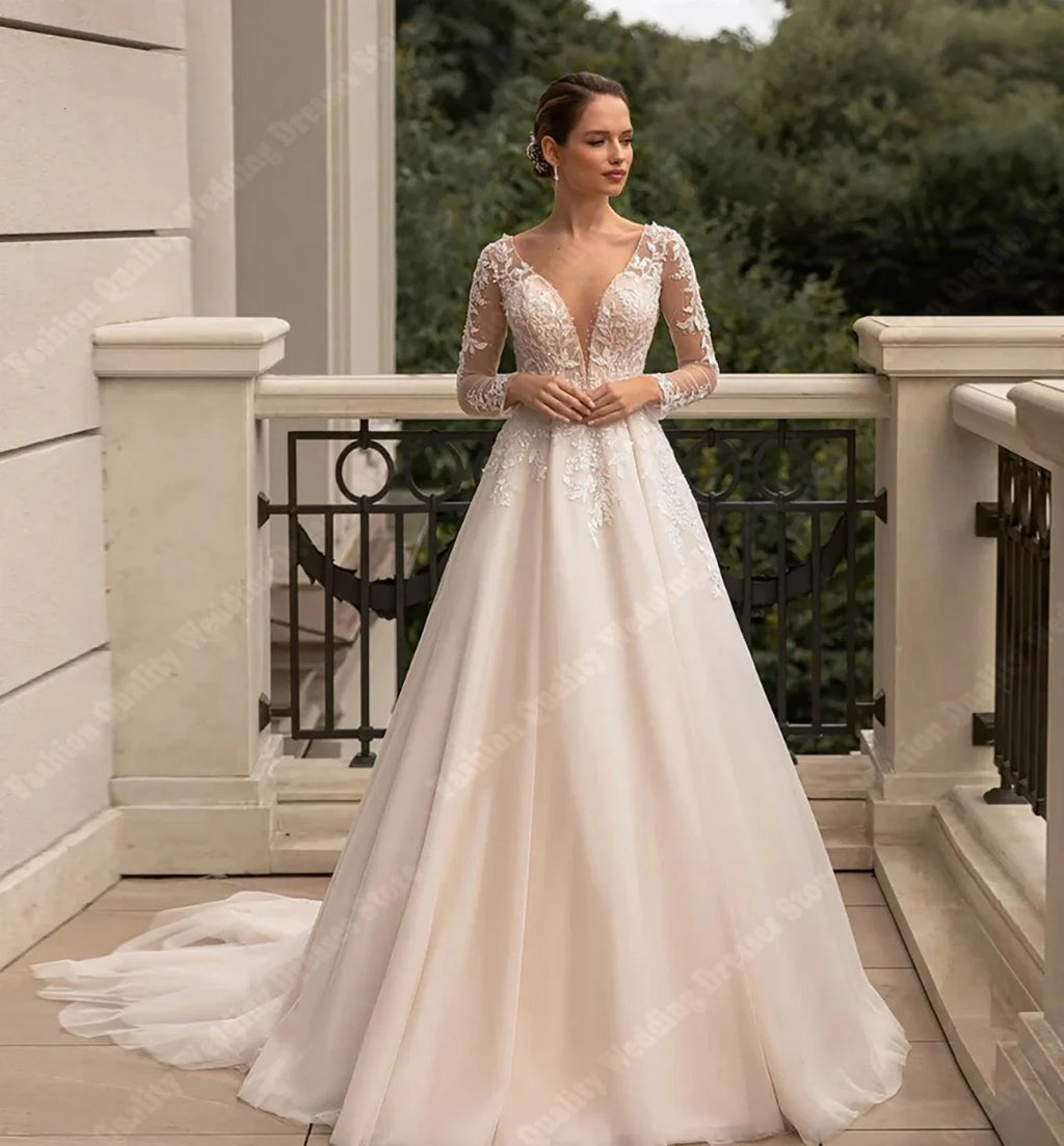 Sweet Deep V Neck Wedding Dresses For Women 2024 A Line Ivory Lace Long Sleeves Vintage Bride Ball Bridal Gown Vestidos De Novia
