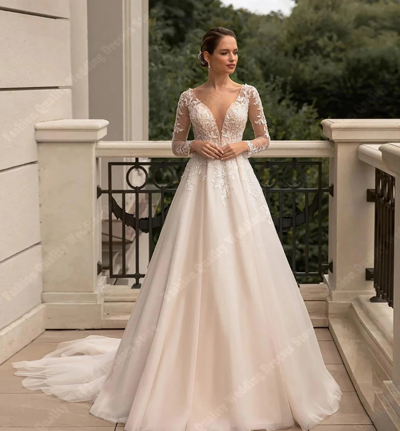 Sweet Deep V Neck Wedding Dresses For Women 2024 A Line Ivory Lace Long Sleeves Vintage Bride Ball Bridal Gown Vestidos De Novia
