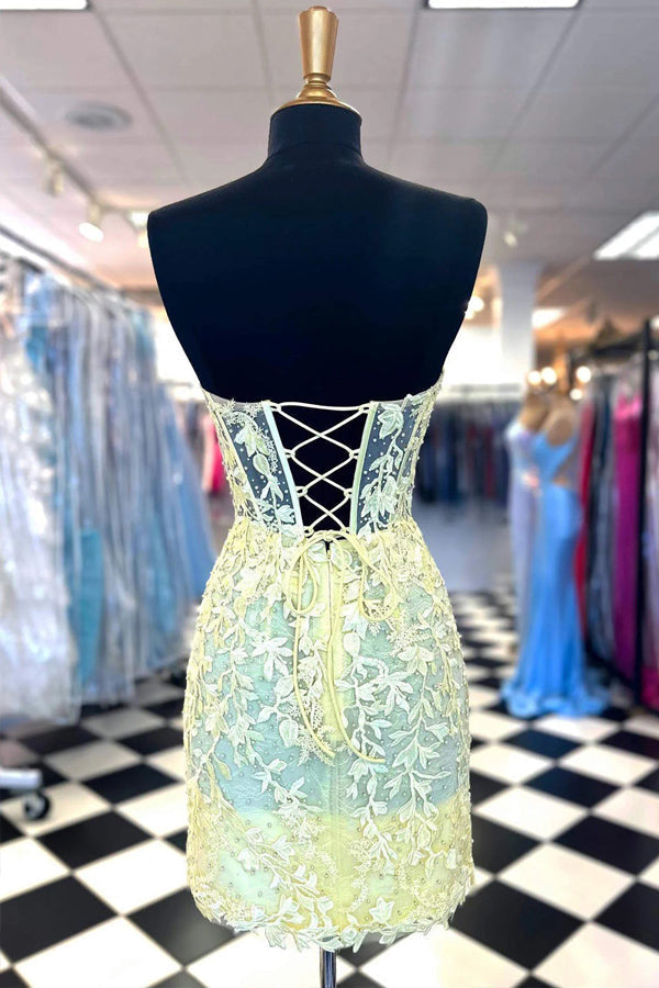 Sweetheart Lace Corset Tight Yellow Homecoming Dress