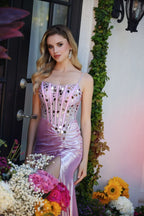 Sweetheart Neck Spaghetti Strap Crystal Beaded Twist Front High Slit Iridescent Pink Metallic Mermaid Chapel Train Prom Dresses
