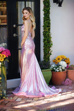 Sweetheart Neck Spaghetti Strap Crystal Beaded Twist Front High Slit Iridescent Pink Metallic Mermaid Chapel Train Prom Dresses