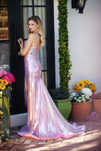 Sweetheart Neck Spaghetti Strap Crystal Beaded Twist Front High Slit Iridescent Pink Metallic Mermaid Chapel Train Prom Dresses