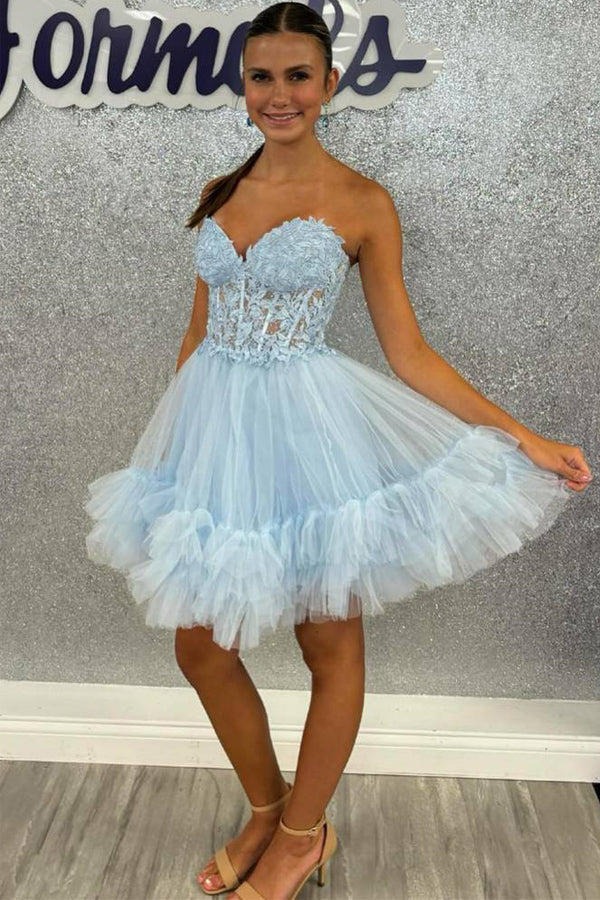 Sweetheart Sheer Corset Ruffle Light Homecoming Dress