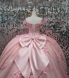 Pink Off Shoulder Ball Gown Quinceanera Dresses 3D Appliques Corset Dress Y6791