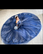 Navy Off The Shoulder Tulle Lace Quinceanera Dress,Navy Blue Ball Gown Sweet 15 Dress  Y2985