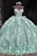 Charming Strapless Lace Appliques Ball Gown,Green A Line Birthday Quinceanera Dress Y8246