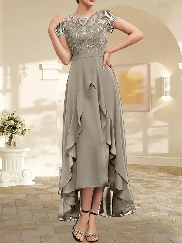 A-line Scoop Illusion Asymmetrical Chiffon Lace Mother of the Bride Dress With Bow Ruffle Sequins