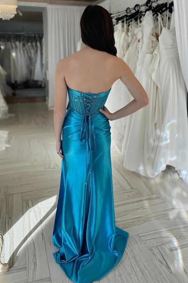 Teal Sheath Silk Satin Beaded Strapless Prom Dresses With Slit Party Dress