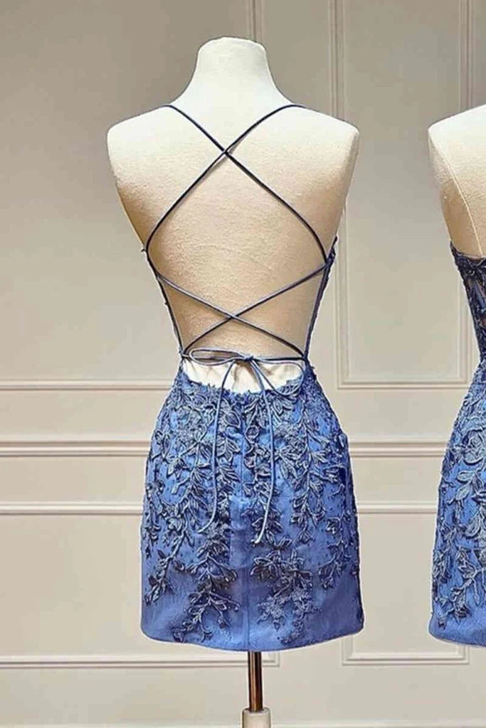 Tie Back Appliqued Bodycon Tight Homecoming Dress