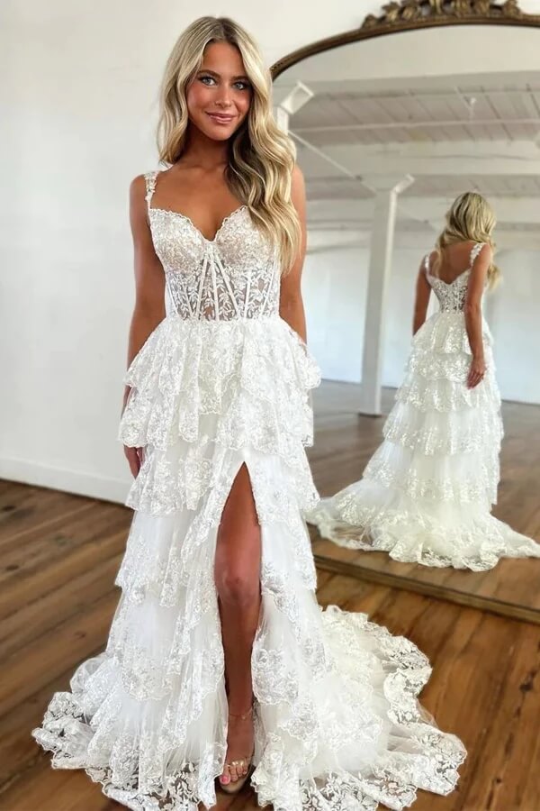Tiered Tulle A-line Off Shoulder Lace Appliques Prom Dresses With Slit