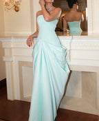 Tiffany Satin Maxi Prom Dresses with Strapless Neckline Ruched Draped Skirt for Prom and Red Carpet