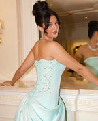 Tiffany Satin Maxi Prom Dresses with Strapless Neckline Ruched Draped Skirt for Prom and Red Carpet