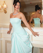 Tiffany Satin Maxi Prom Dresses with Strapless Neckline Ruched Draped Skirt for Prom and Red Carpet