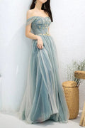 Tulle A-Line Off-the-Shoulder Beaded Prom Dresses, Long Formal Dress