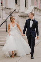 NumberSea Tulle A-line Backless V-neck Wedding Dress With Lace Appliques, Bridal Gown, MW883