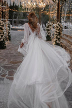 Tulle A-line Deep V-neck Long Sleeves Bohemian Wedding Dresses