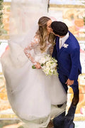 NumberSea Tulle A-line Illusion Floral Lace Long Sleeves Wedding Dresses, Bridal Gown, MW937