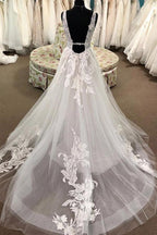 NumberSea Tulle A-line Lace Appliqued Deep V-neck Court Train Wedding Dresses, MW924