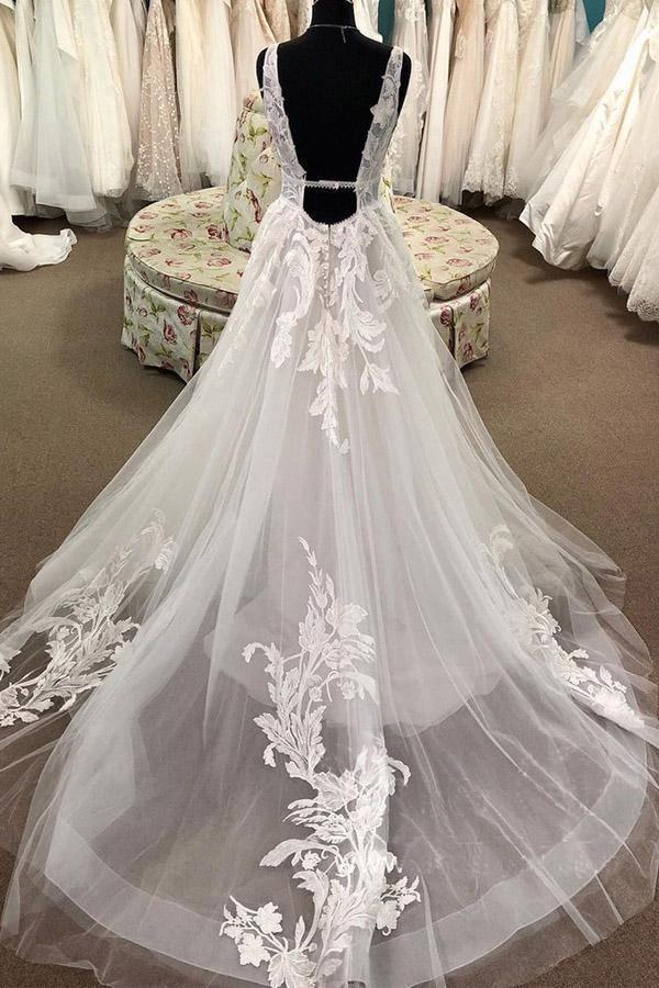 NumberSea Tulle A-line Lace Appliqued Deep V-neck Court Train Wedding Dresses, MW924