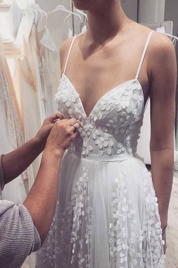 NumberSea Tulle A-line Lace Appliqued Spaghetti Straps Wedding Dress, Wedding Gown, MW726