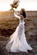 Tulle A-line Long Sleeves Beach Wedding Dresses With Lace Appliques