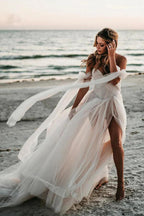 NumberSea Tulle A-line Off-the-Shoulder Beach Wedding Dresses With Side Slit, MW889