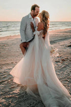 NumberSea Tulle A-line Off-the-Shoulder Beach Wedding Dresses With Side Slit, MW889