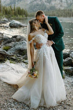 NumberSea Tulle A-line Off-the-Shoulder Wedding Dresses With Lace Appliques, MW915